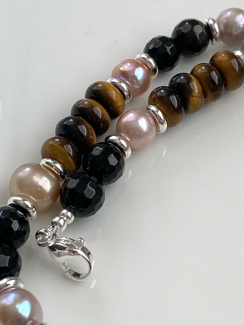 GP58-Handmade Agate, Tiger’s Eye, Onyx And Freshwater Pearl Necklace - Picture 15 of 15